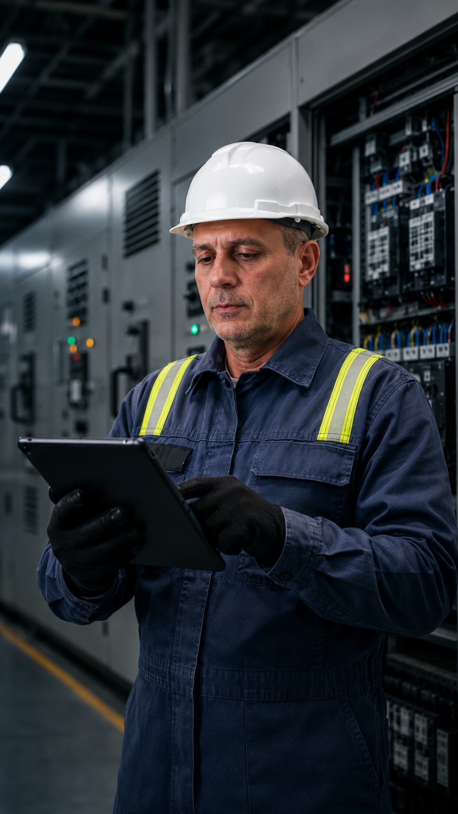 Engenheiro da AVIN Engenharia avaliando painéis elétricos industriais